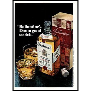 1978 Ballantine's Scotch Whisky Vintage Print Ad Gold Box Glasses Bar Wall Art
